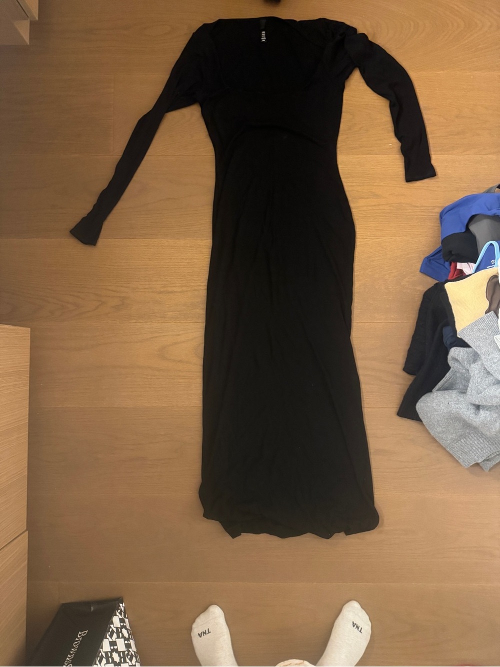 Skims long black body con dress